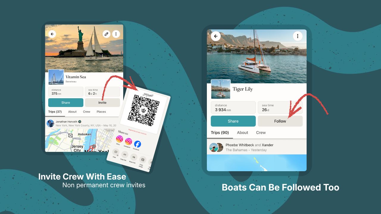 SeaPeople boat profile screens showing QR code crew invites and the ability to follow vessels directly from the app