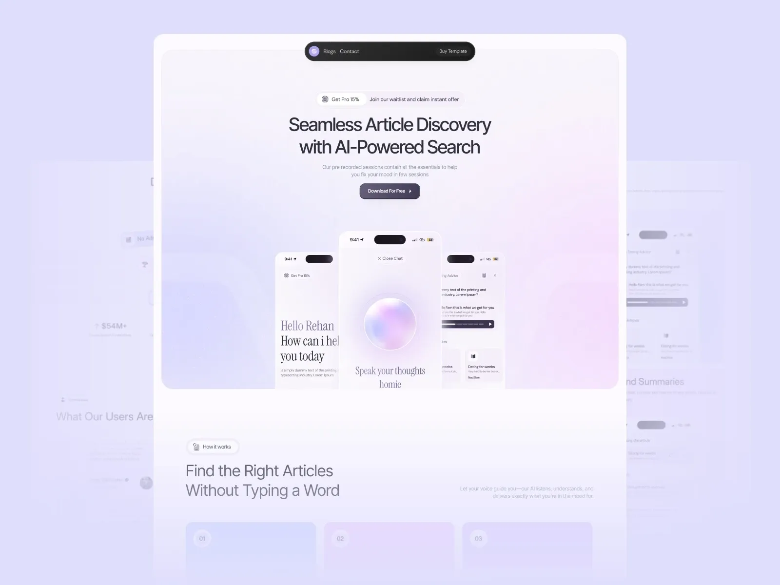 AI-powered article discovery website interface with mobile app previews.