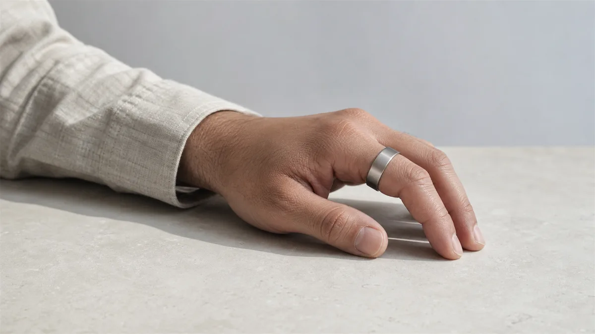 A screenless brushed-metal smart tasbih ring worn on an index finger beside an oatmeal linen cuff