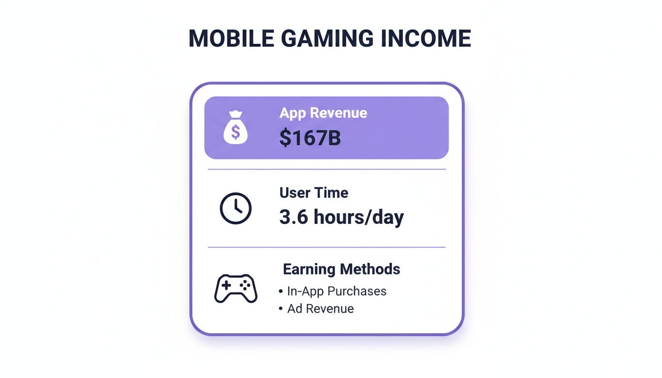 Infographic detailing mobile gaming income: $167 billion app revenue, 3.6 hours user time daily, and earning methods.