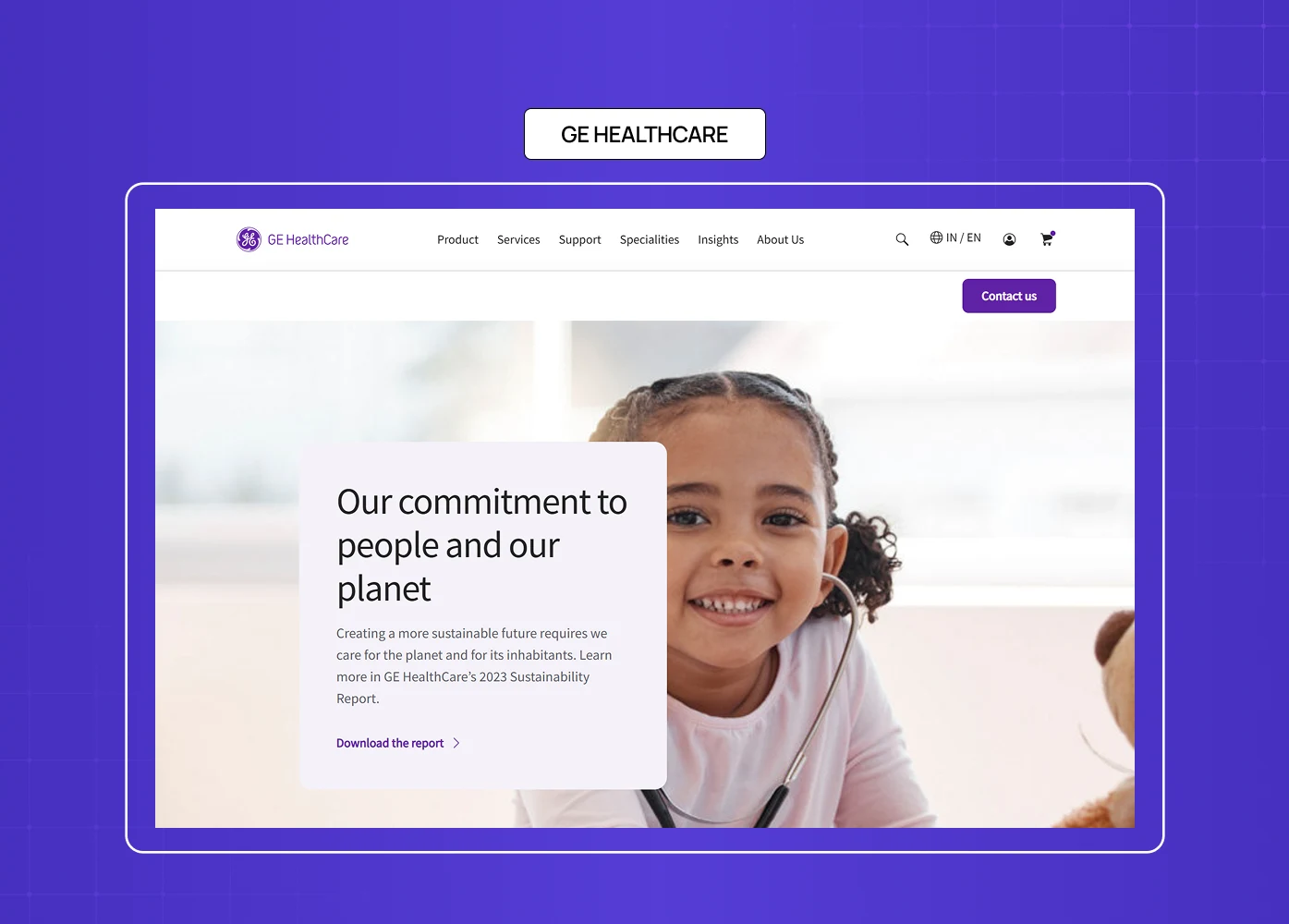 A website showcase of GE Healthcare featuring a sustainability-focused landing page with healthcare branding and imagery.
