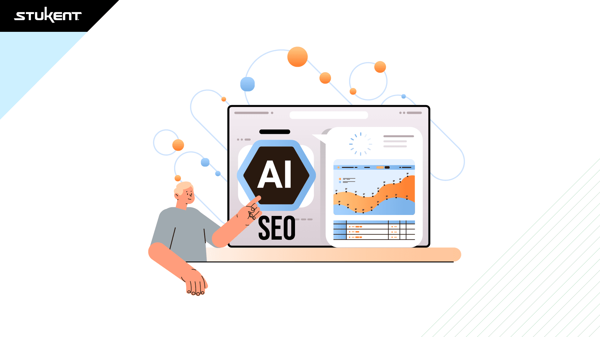 Annimated man pointing at AI over an SEO on a computer