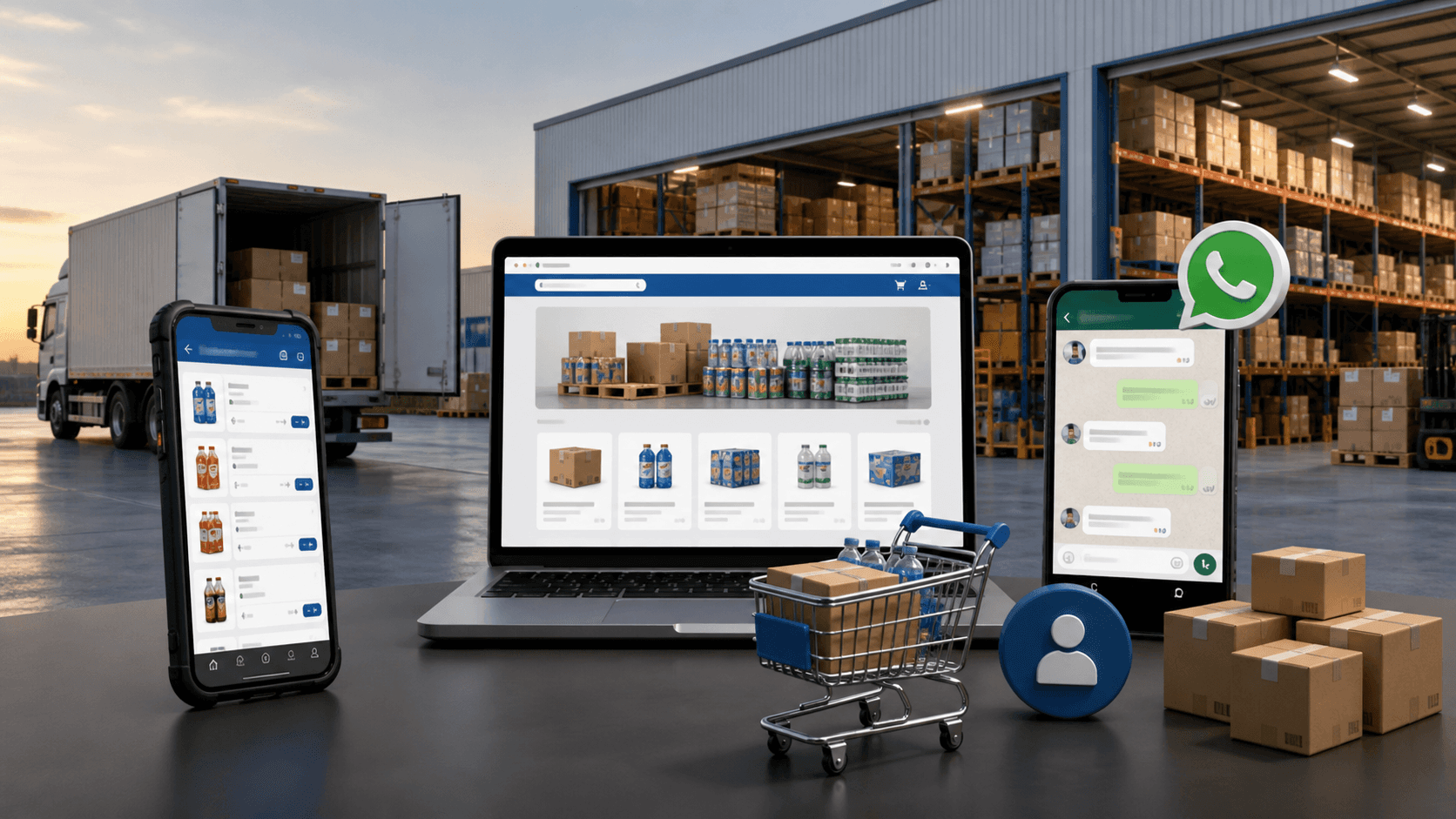 Interface única em estilo realista 3D mostrando um ecossistema de vendas B2B para distribuição: um dashboard central conectado a três elementos — um tablet com catálogo e pedidos (força de vendas), um portal web organizado para autoatendimento com listas e carrinho, e um smartphone exibindo conversa de WhatsApp com itens e confirmações — todos integrados por linhas sutis, em ambiente limpo, moderno e sem pessoas.