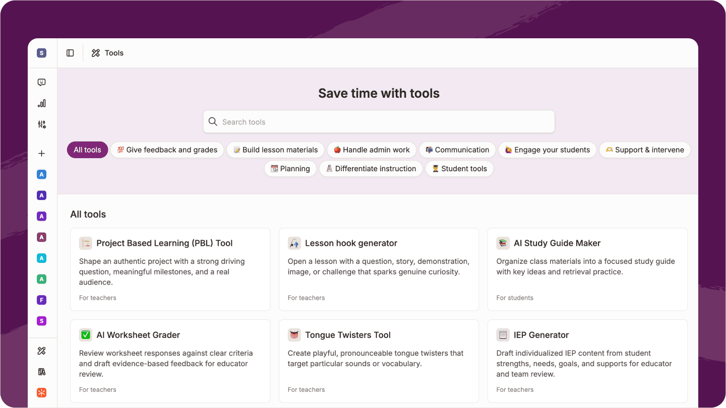 Screenshot of tools library in Flint of teacher tools and student tools 