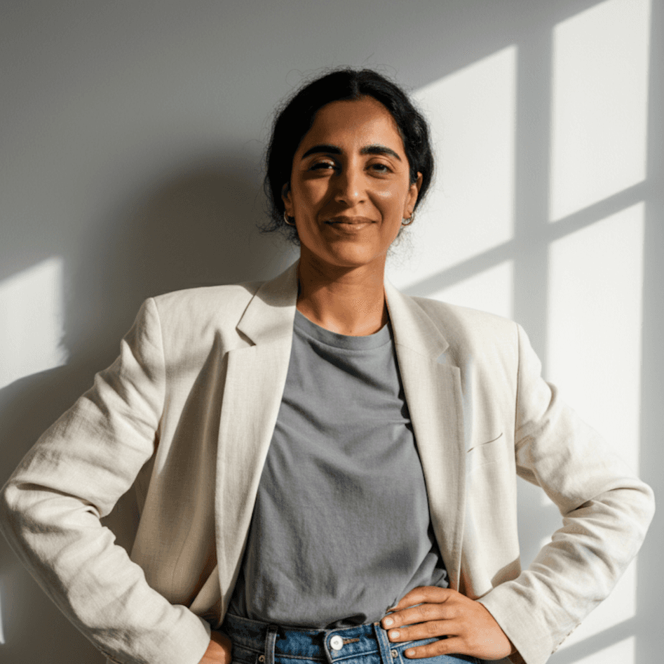 A woman wearing a white blazer and jeans poses in front of a window, showcasing a bright and airy indoor environment.