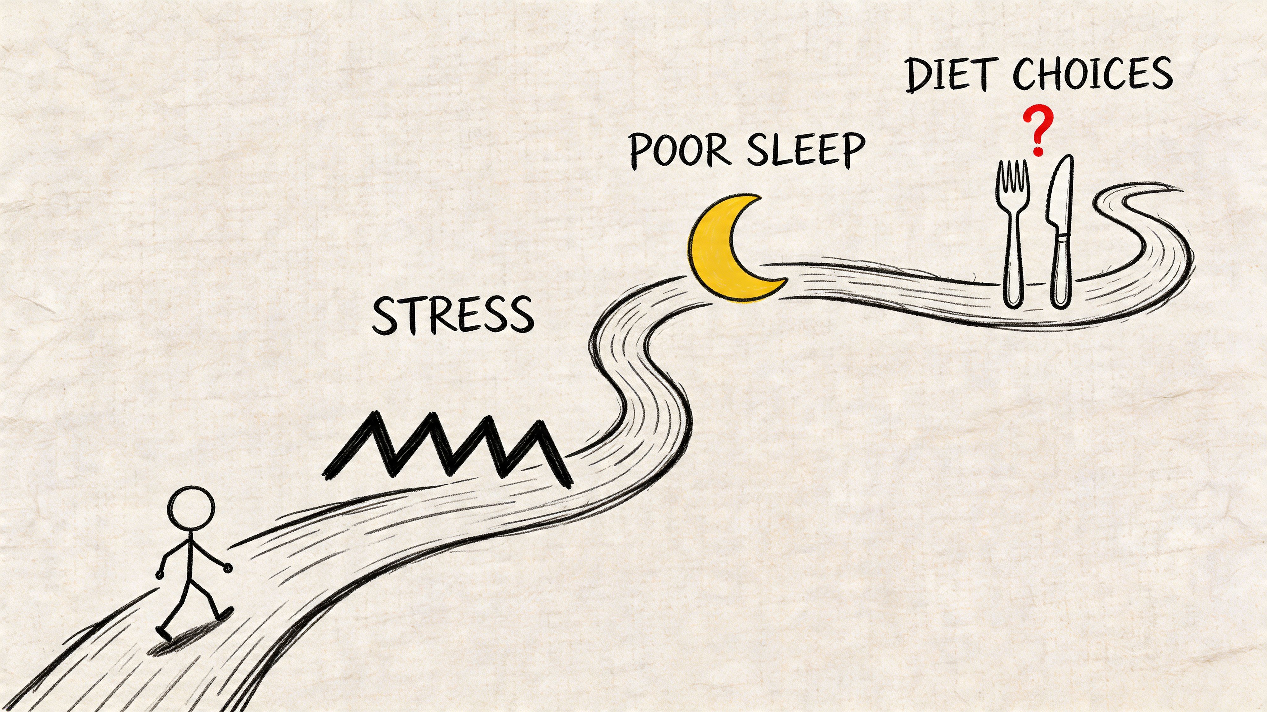 A hand-drawn stick figure walking along a path representing life's challenges like stress, poor sleep, and diet.