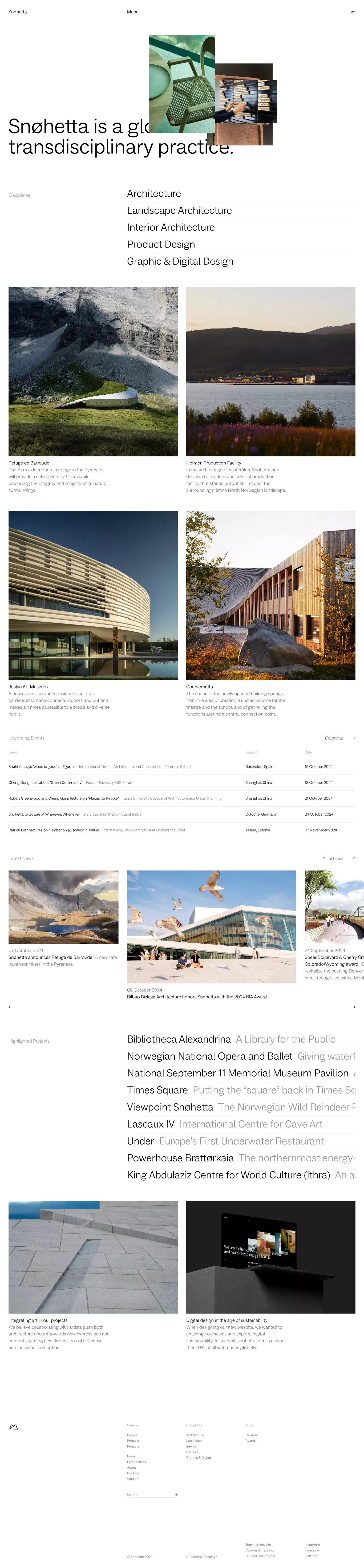 Snøhetta portfolio page screenshot showcasing Design and Architecture design