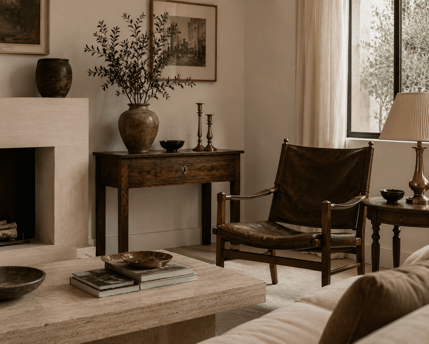 A warm, rustic-modern living room scene featuring a brown leather sling accent chair next to a dark wood console table decorated with a large ceramic vase of leafy green branches, brass candlesticks, and framed wall art. In the foreground sits a beige travertine marble coffee table topped with design books, a brass tray, and a dark ceramic bowl, adjacent to a neutral cream sofa and a stone fireplace.