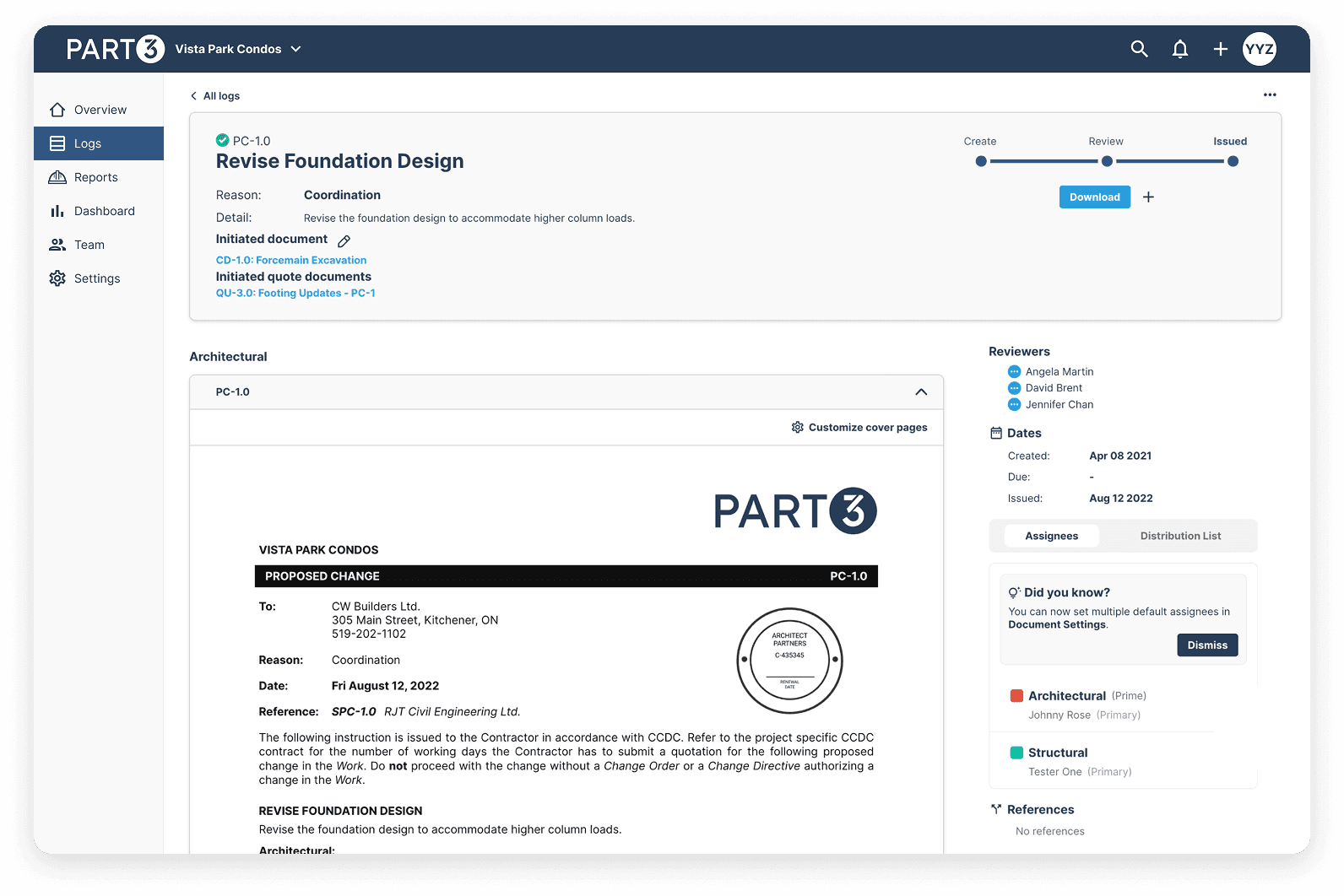 Auto-generated change order PDF with full project details and reviewer information using Part3