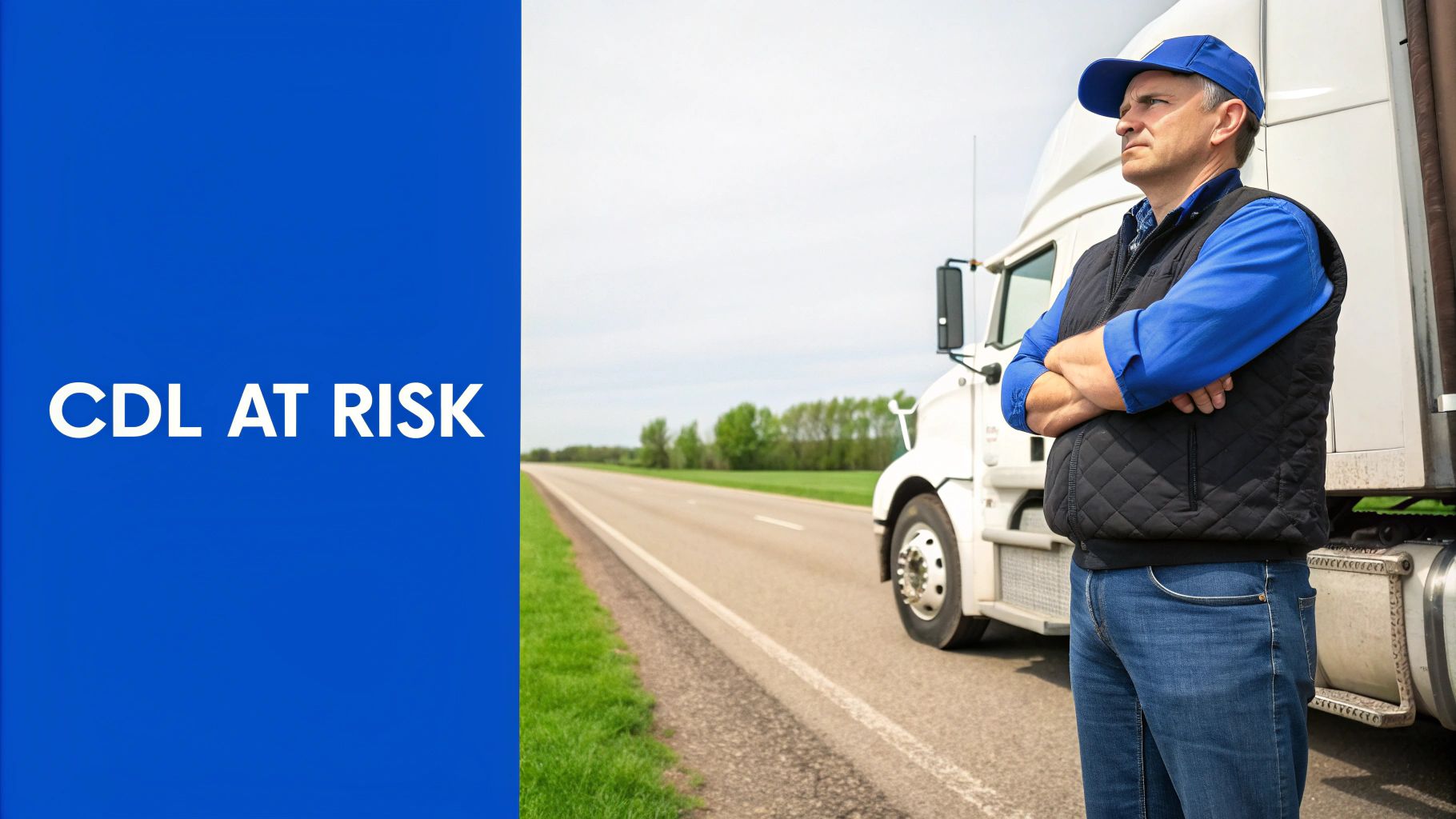 A male truck driver stands by his semi-truck on a road with arms crossed, next to 'CDL AT RISK' text.