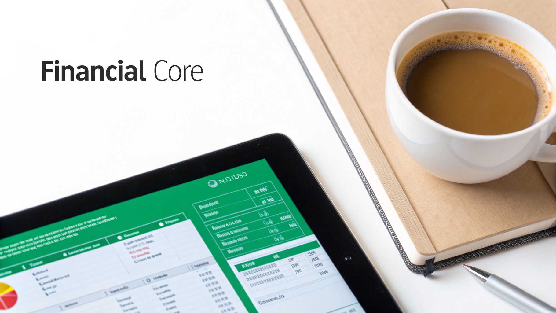 A workspace with a tablet displaying financial data, coffee, notebook, and a pen, emphasizing 'Financial Core'.