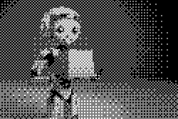A smiling robot holds a cardboard box against a plain blue backdrop. The robot has expressive eyes and sleek metallic features, conveying friendliness.