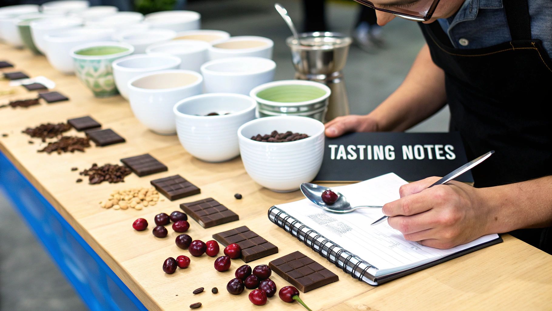 Person writes tasting notes during a coffee and chocolate cupping session on a wooden table.