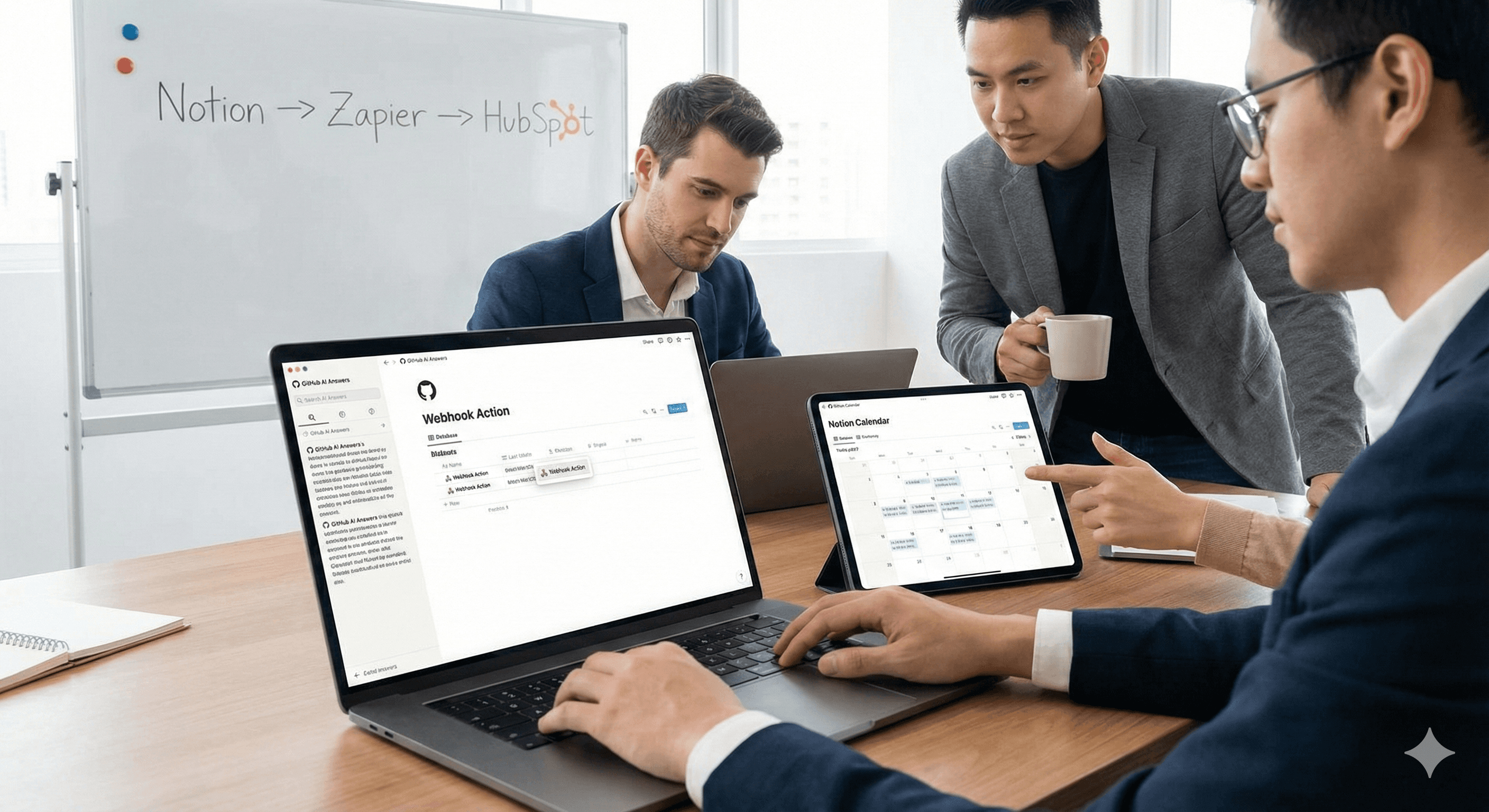 Three people collaborate in a modern office, using laptops and a tablet connected to a whiteboard displaying integration flow among Notion, Zapier, and HubSpot, highlighting the latest features of Notion.