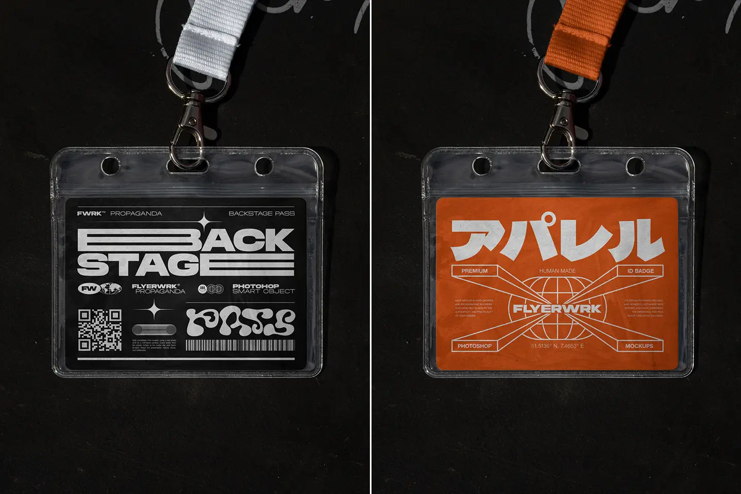 Backstage pass mockup with realistic ID badge holder metal clip and customizable lanyard