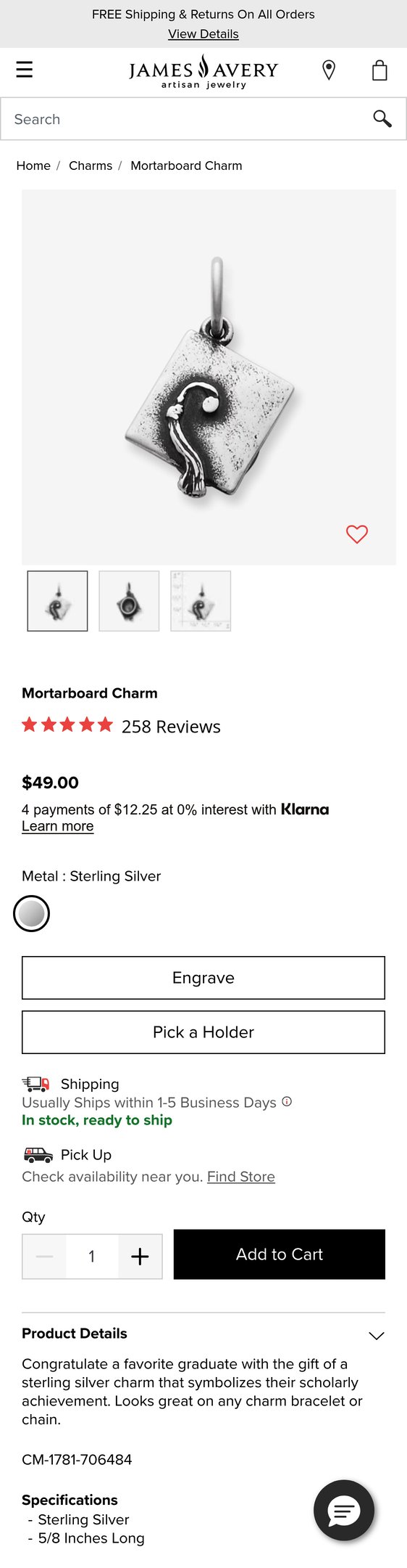 Jewelry product options include: pendant for Buy Mortarboard Charm for USD 49.00 | James Avery from James Savery.