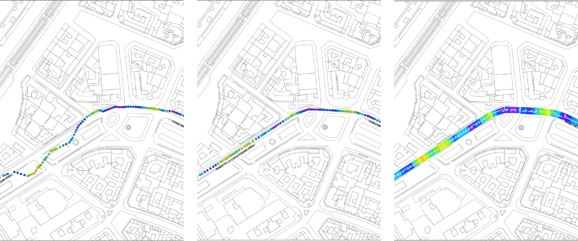 Comparativa de tres mapas de calor generados mediante Mobile Mapping y nubes de puntos para la auditoría lumínica del proyecto GEOLUMEN