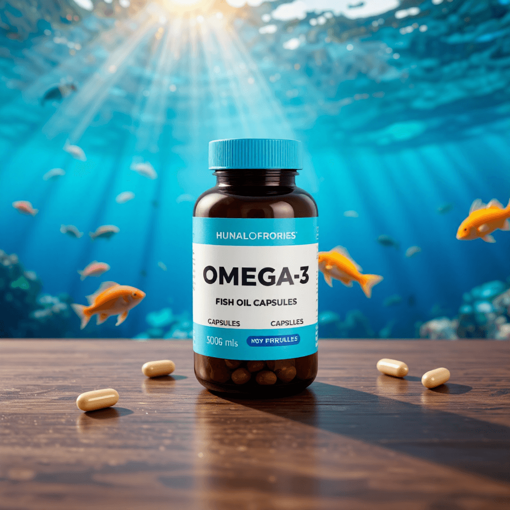 product photography of a bottle of omega-3 fish oil capsules for dietary supplementation