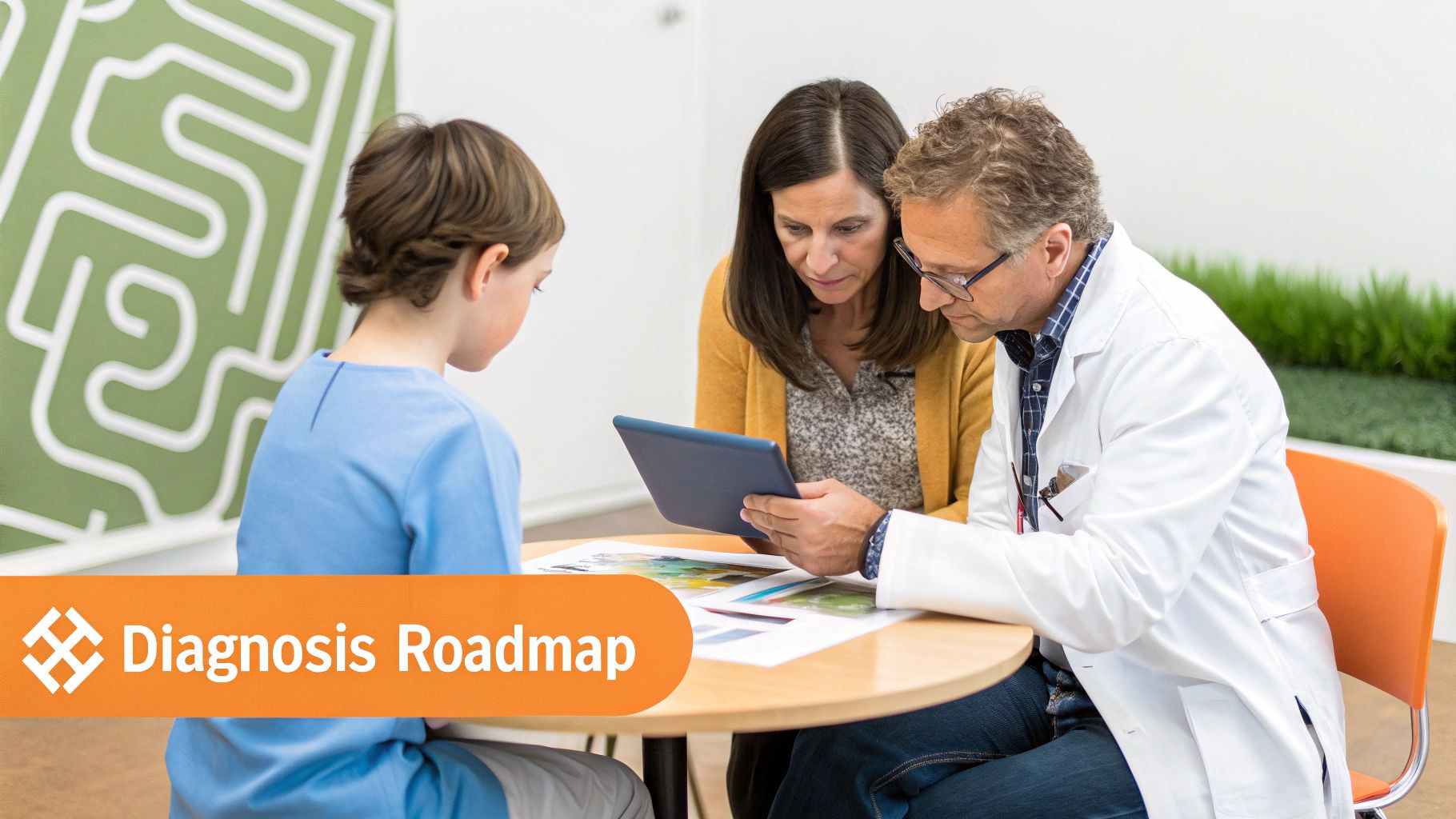 A winding path through a forest, symbolizing the journey towards a diagnosis, with light filtering through thetrees.