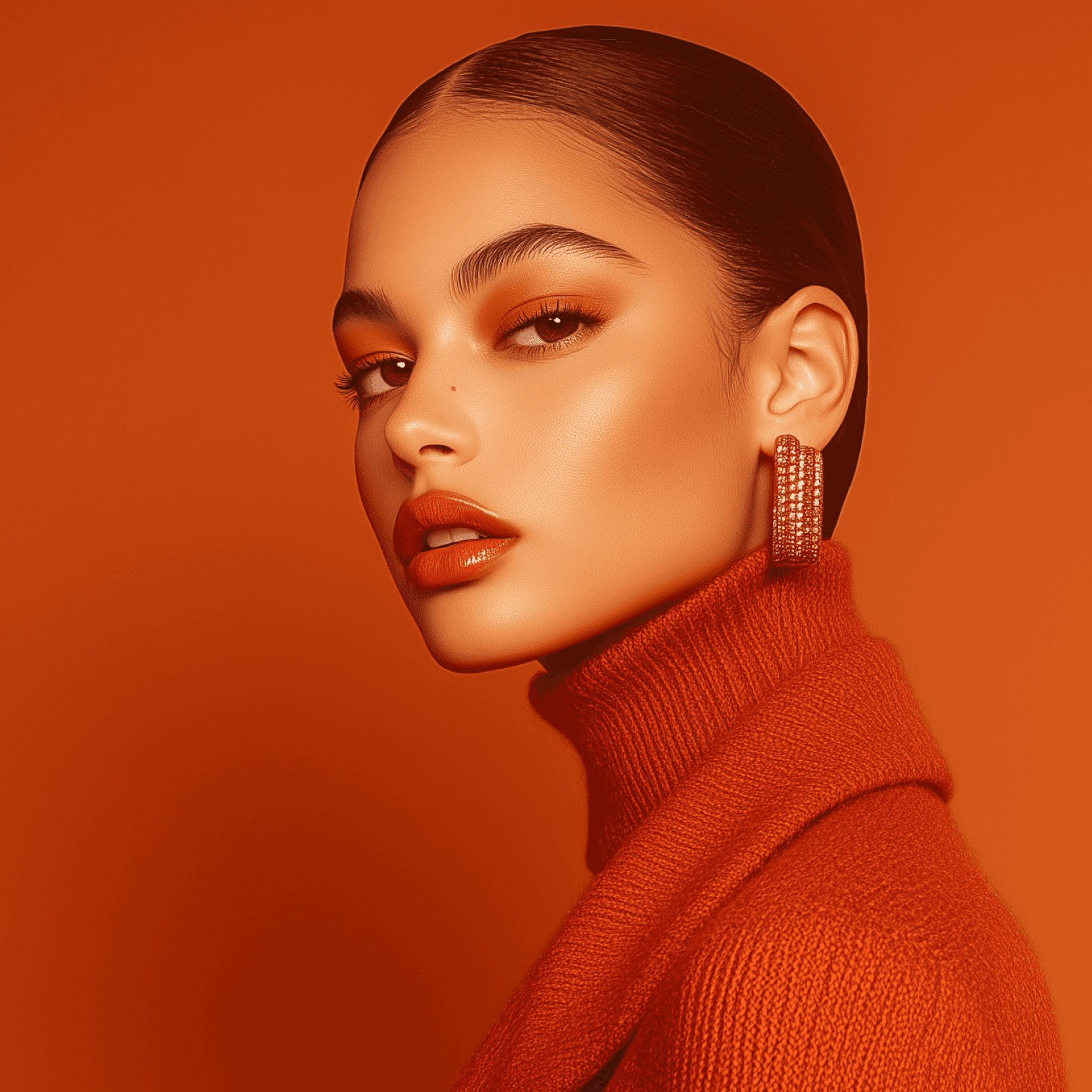 Model with orange eyeshadow and sweater.