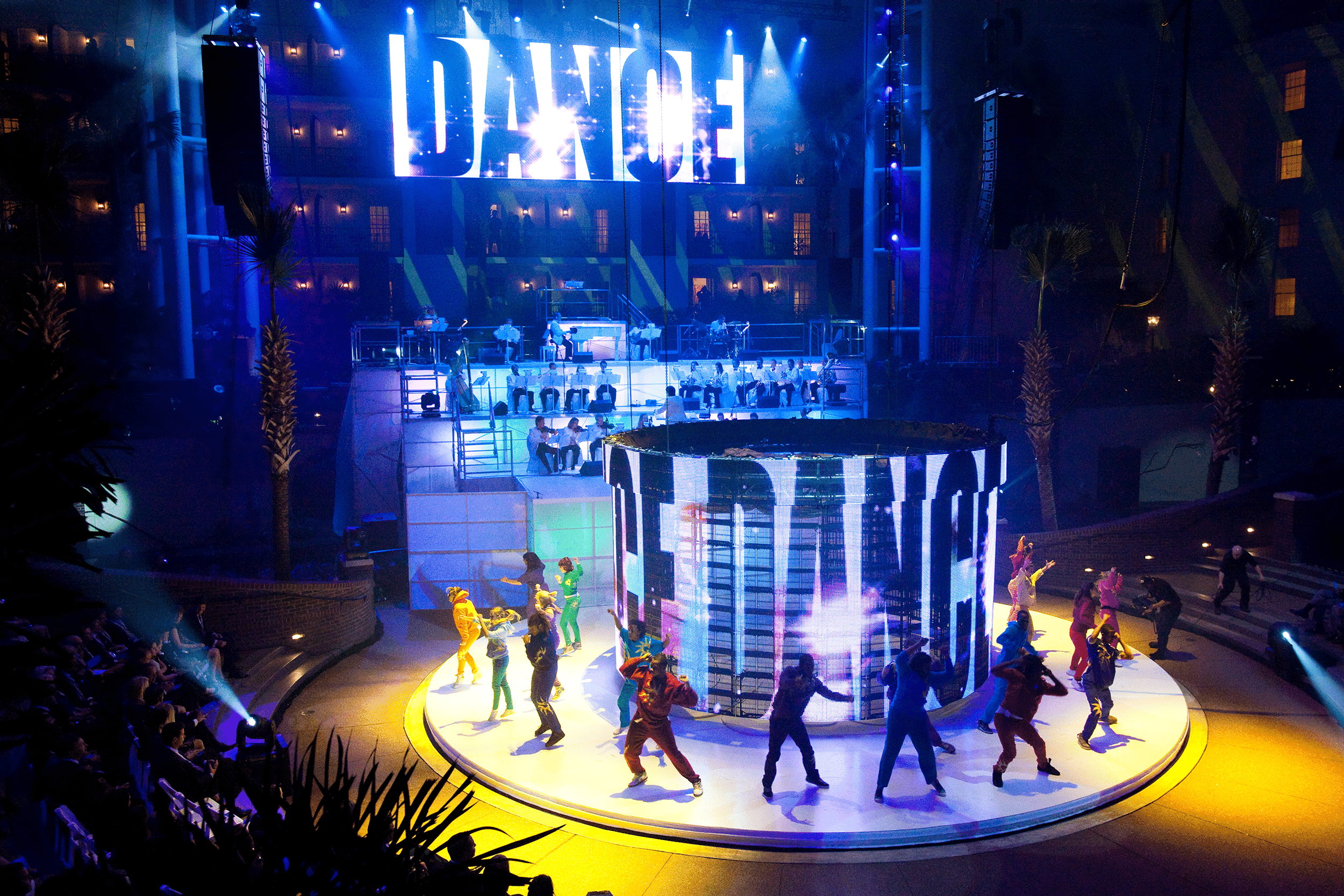 Dancers on a rotunda stage
