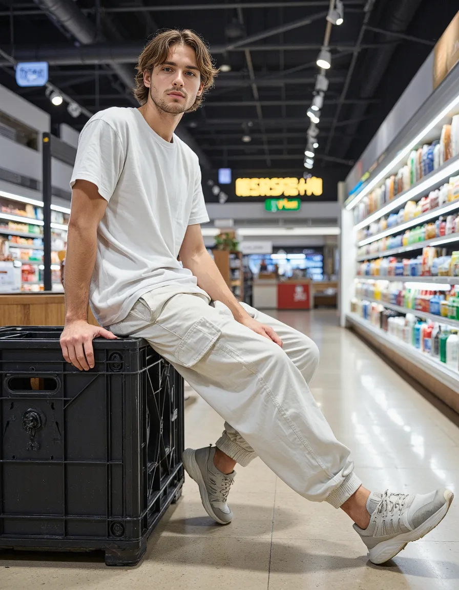 Person in all-white outfit sitting on black crate in grocery store aisle, demonstrating modern minimalist street style photography
