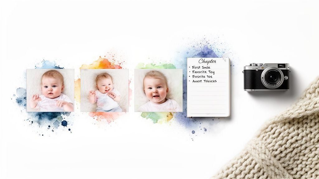 Three baby photos with colorful watercolor splashes, a camera, and a notepad listing milestones.