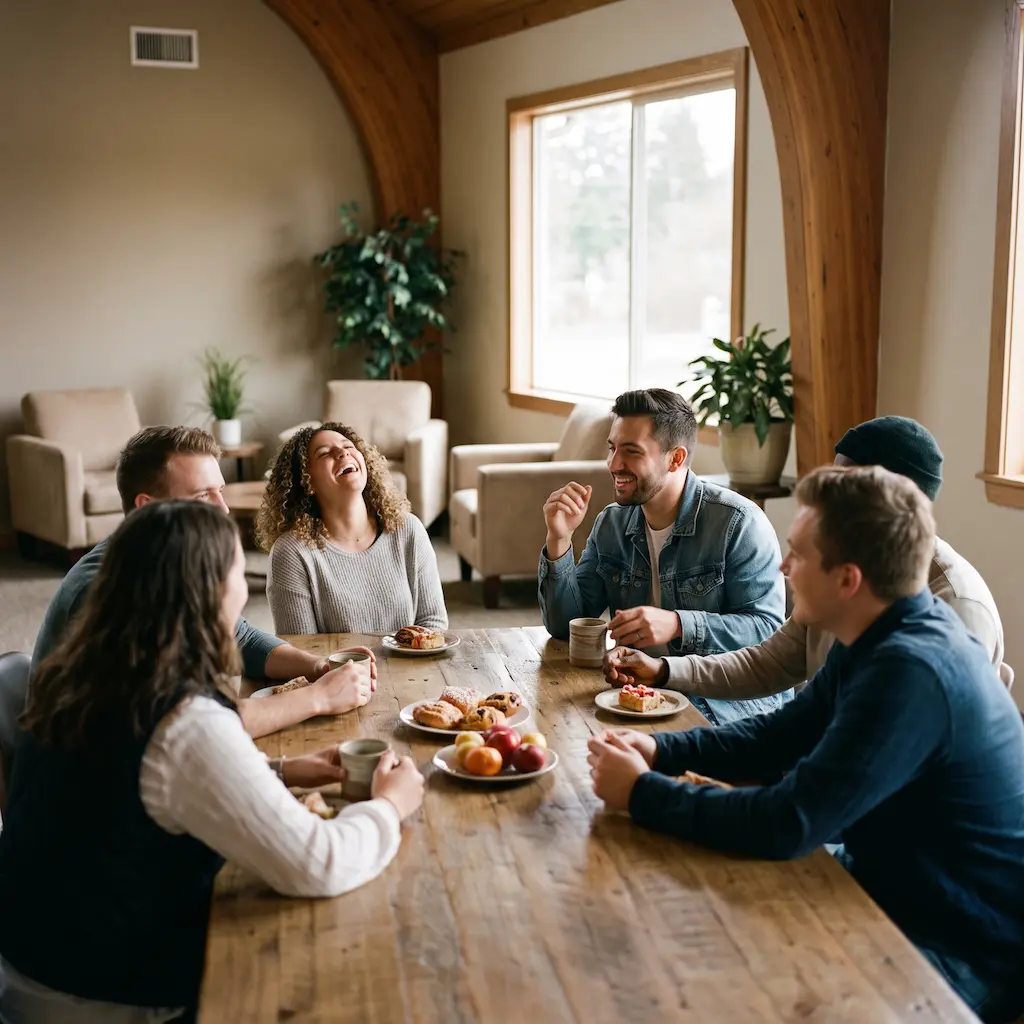 Young adults sharing food together around a table