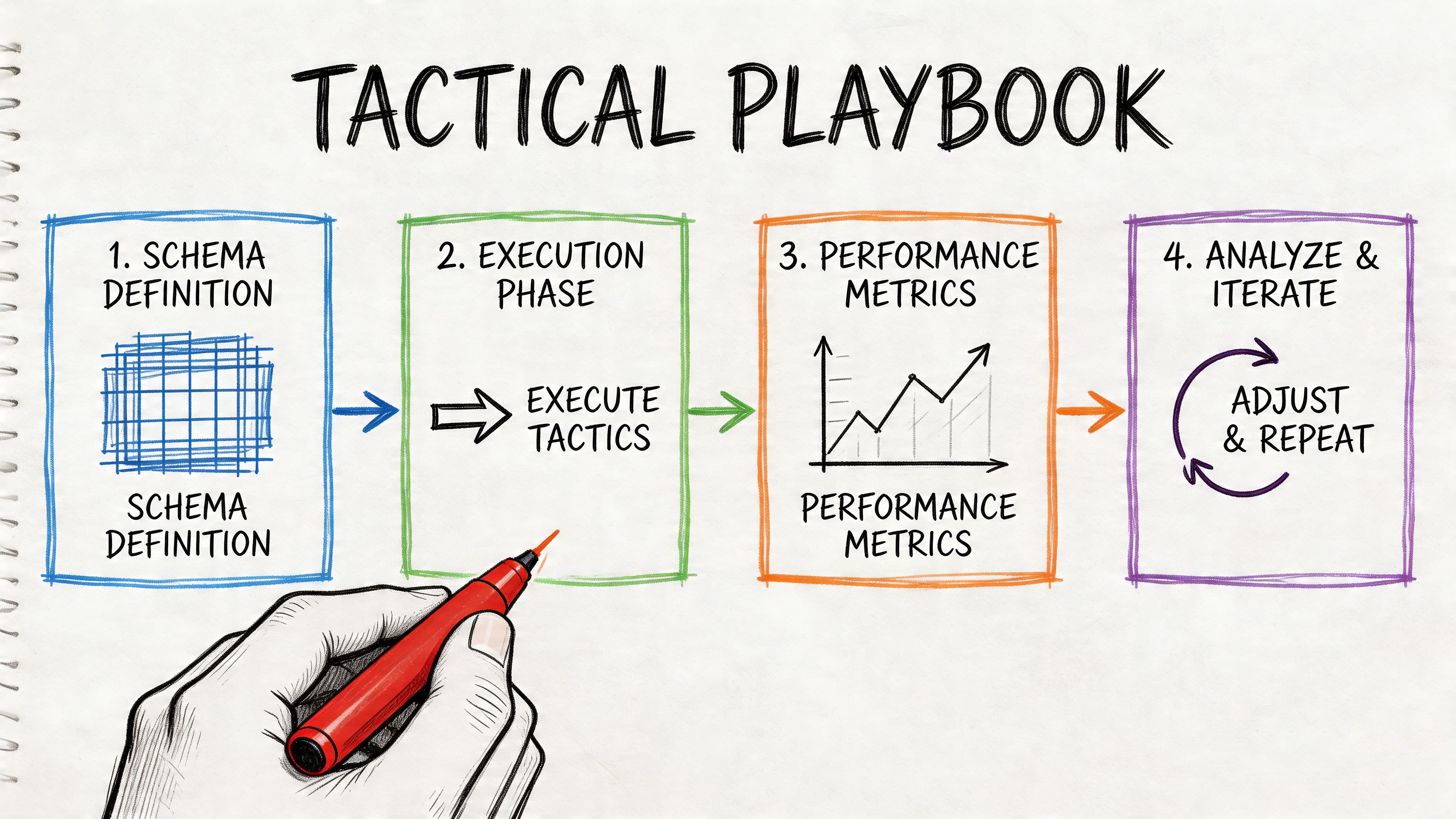 A hand holding a red marker drawing a four-step tactical playbook process on a white background.