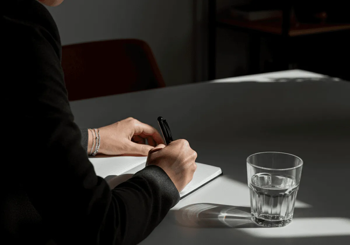 femme écrivant dans carnet sur bureau avec verre d'eau