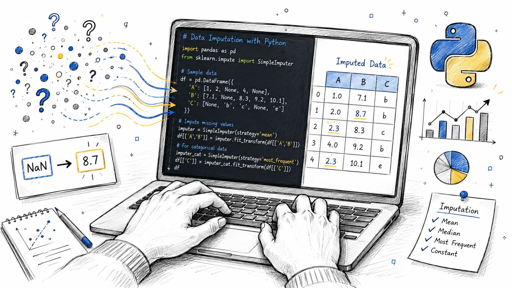 A person using a laptop to write Python code for imputing missing values in a dataset.