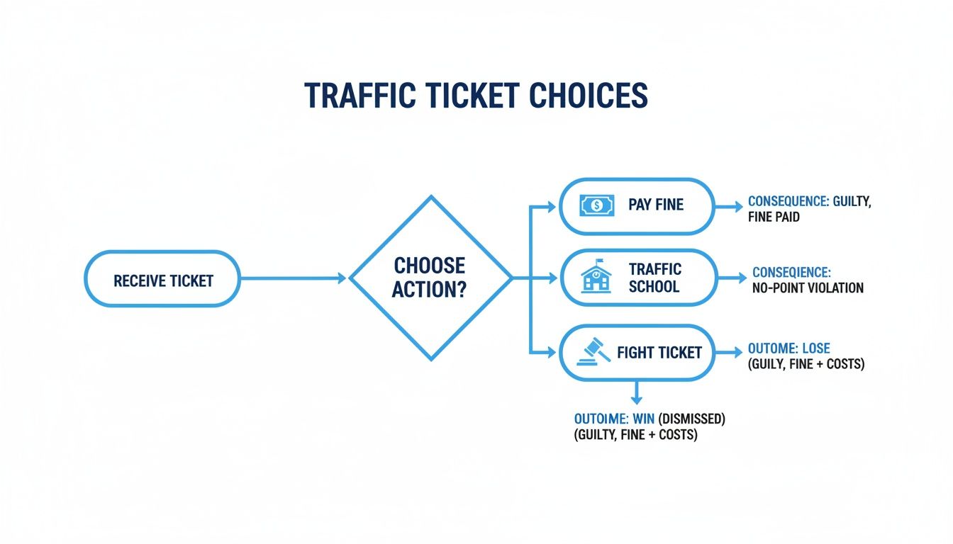 A flowchart illustrating options after receiving a traffic ticket: pay fine, attend traffic school, or fight.