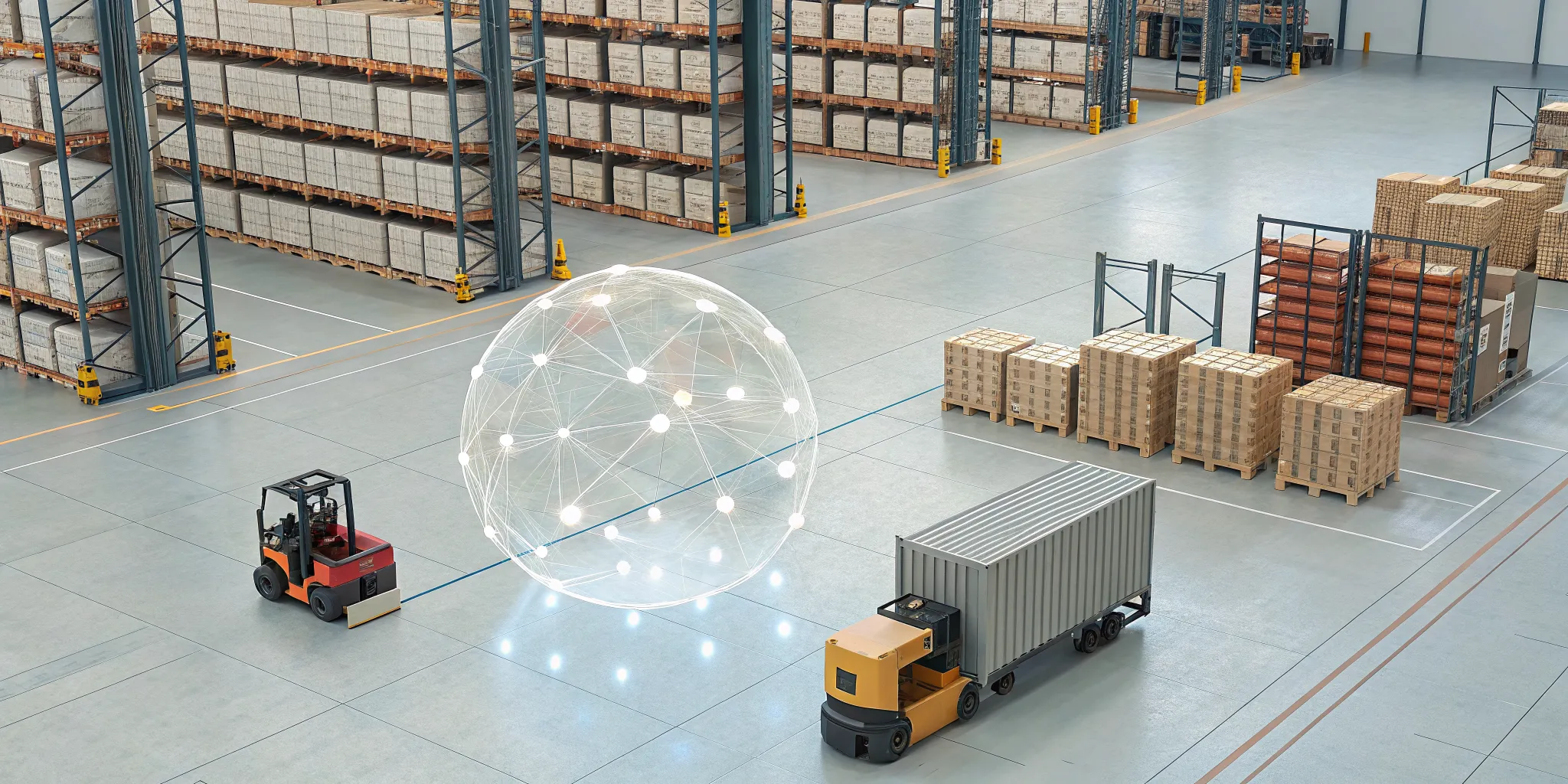 Retail supply chain software managing inventory with forklifts and pallets in a modern warehouse.