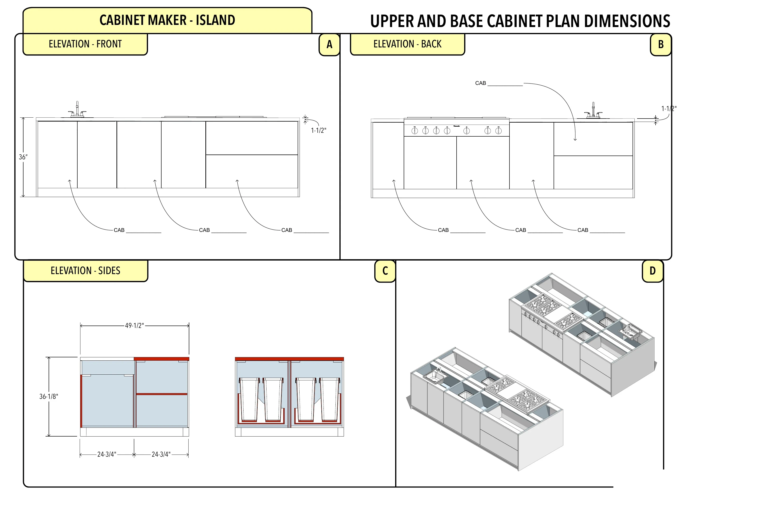 Flat-Front Island Kitchen: Island elevations and cutaway pullout storage.