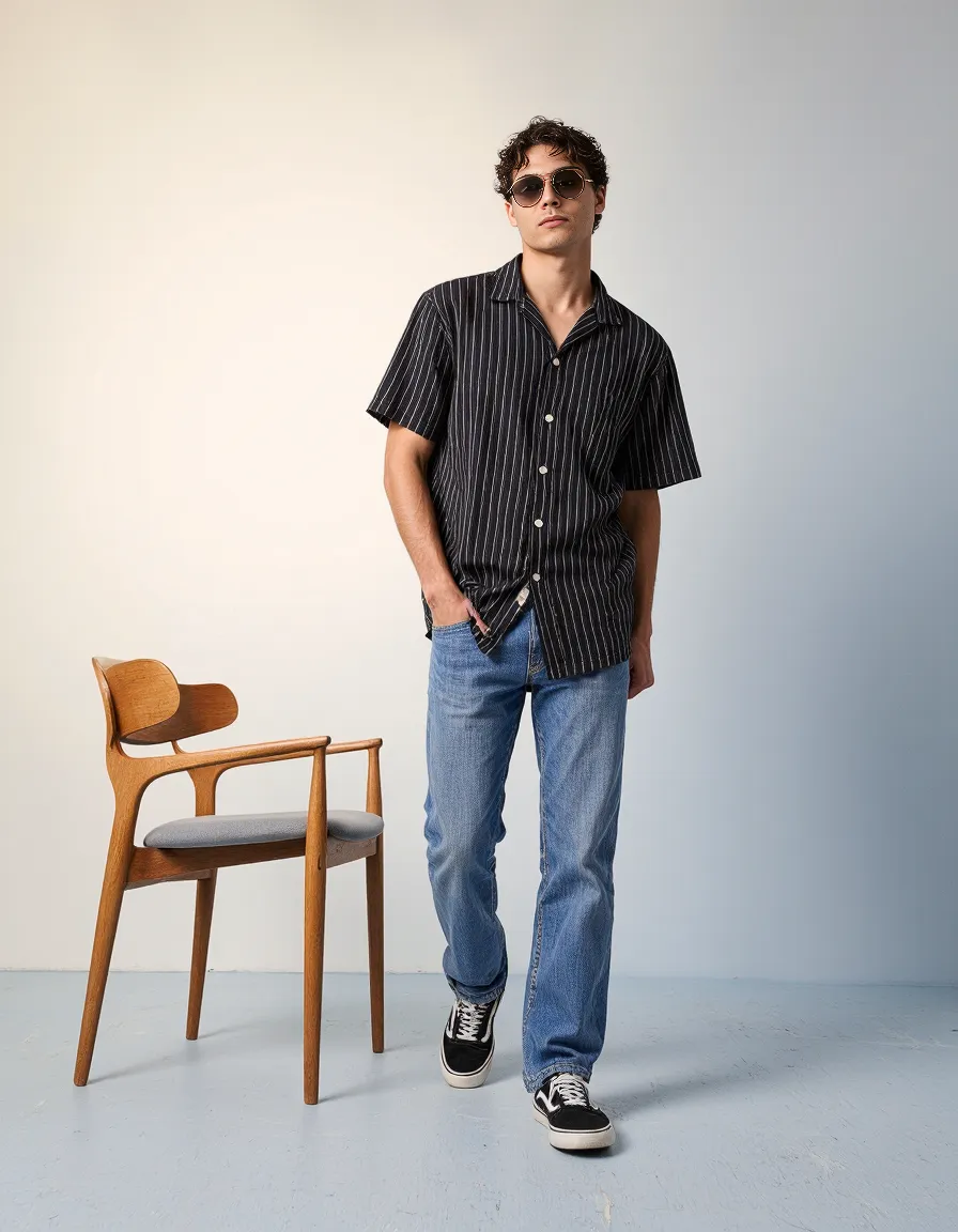 Stylish black striped short-sleeve shirt paired with light blue jeans and sneakers, posed beside mid-century wooden chair against minimal background.