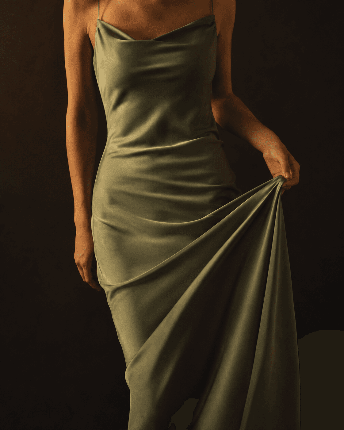 Outfit example for her: a long sage green silk dress