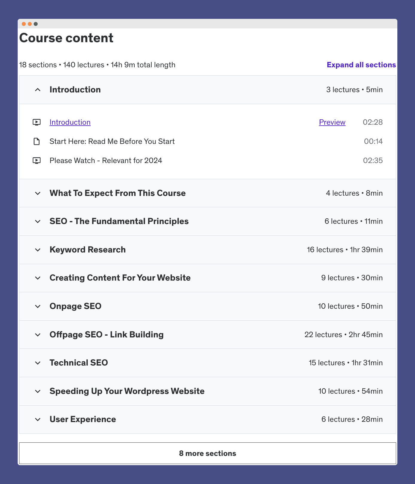 a screenshot of an example of a course broken down into an outline