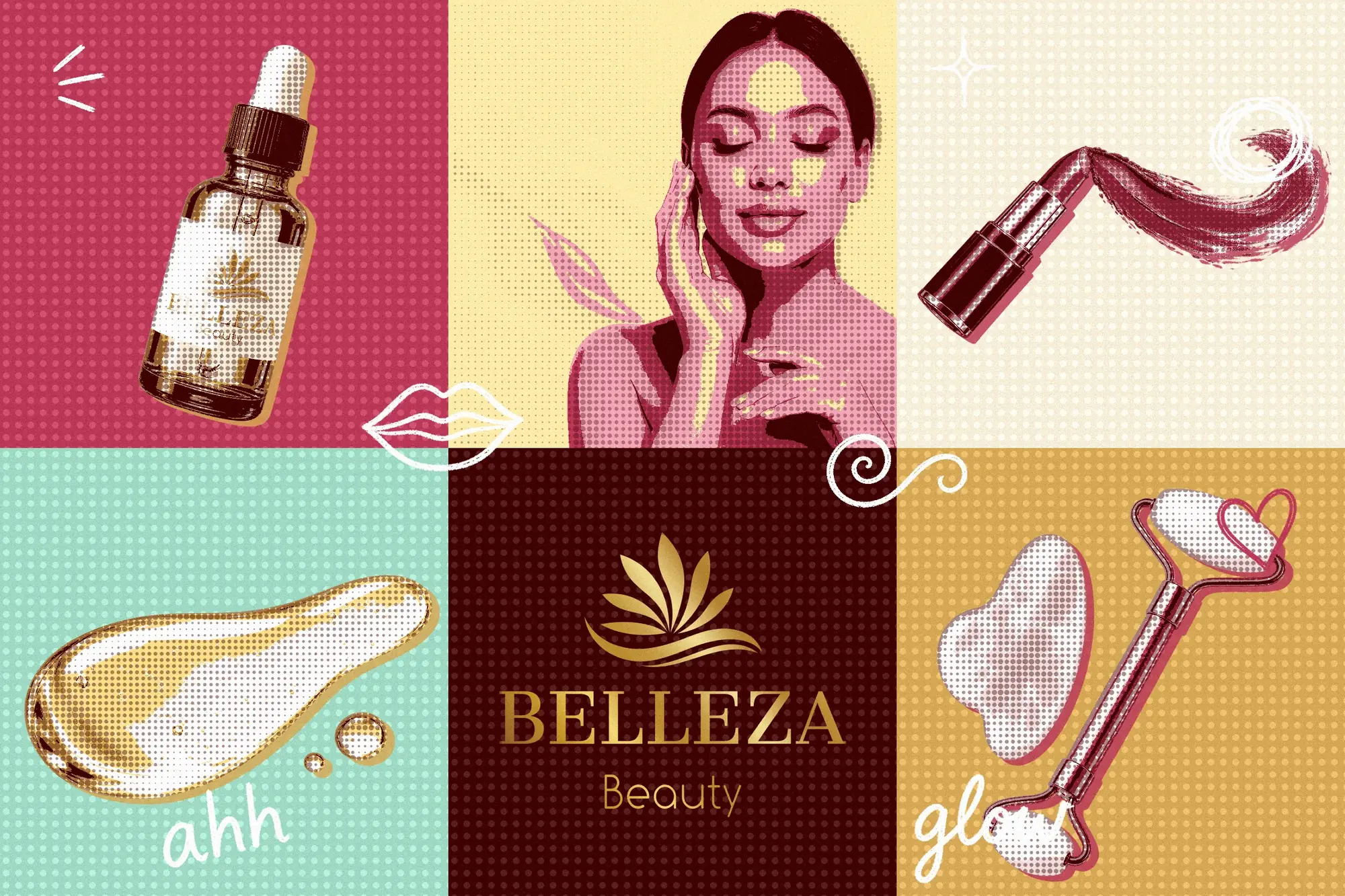 Kolaż w stylu pop-art: olejek, szminka, kropla olejku, roller do masażu, portret z hero strony i lotos z logo Belleza