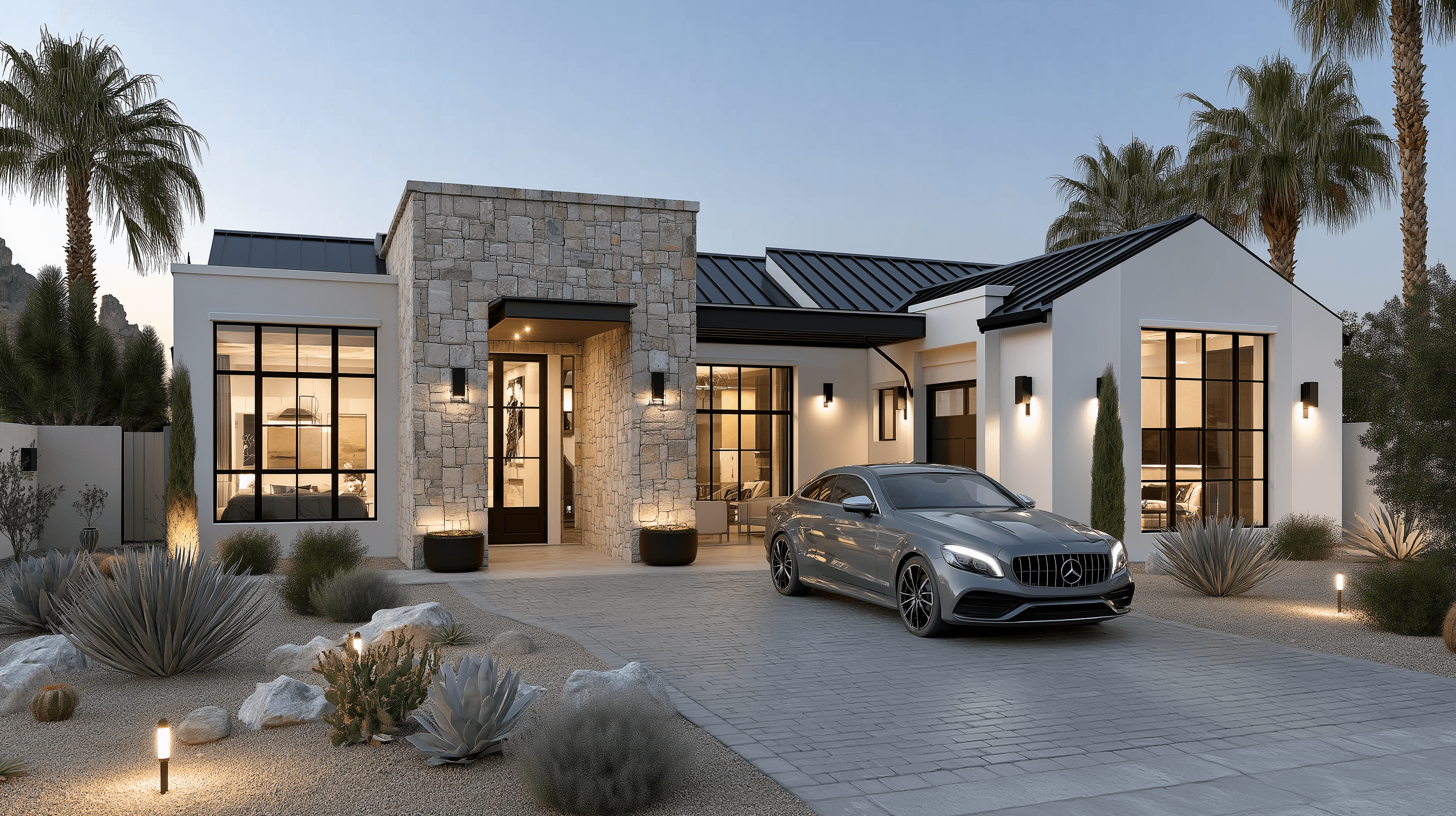 Front exterior of a modern white and stone desert home with black-framed windows, a paver driveway, and a luxury grey coupe parked in front.