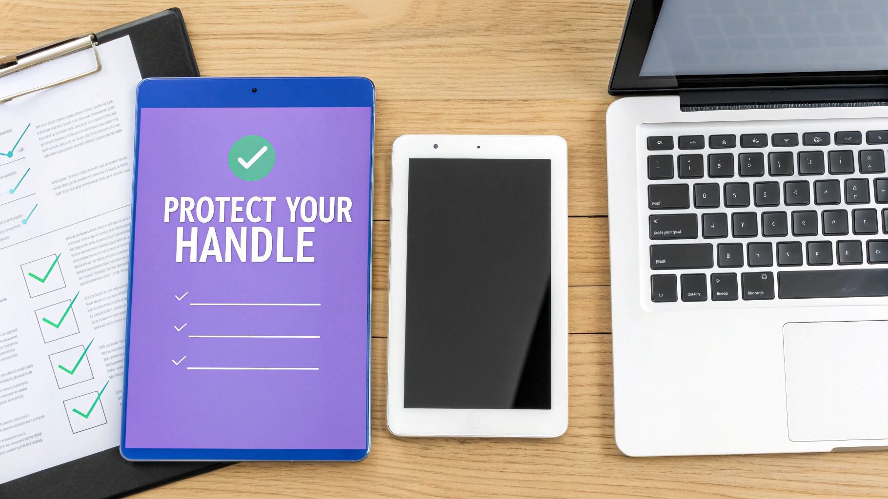 A desk with a clipboard, a tablet displaying 'PROTECT YOUR HANDLE', a blank tablet, and a laptop.