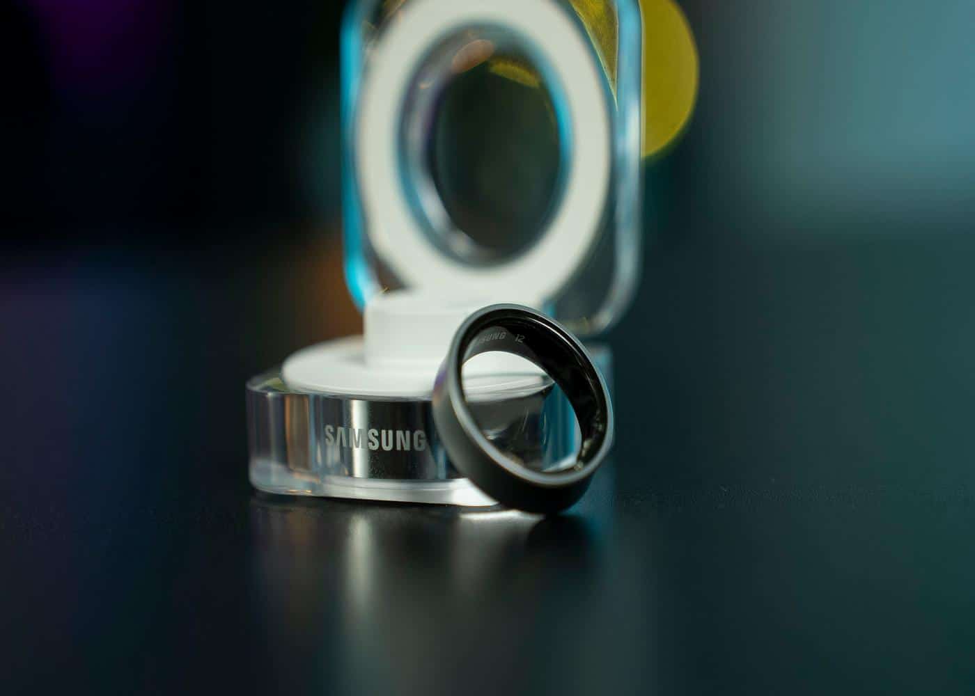 A samsung ring laying on charging dock