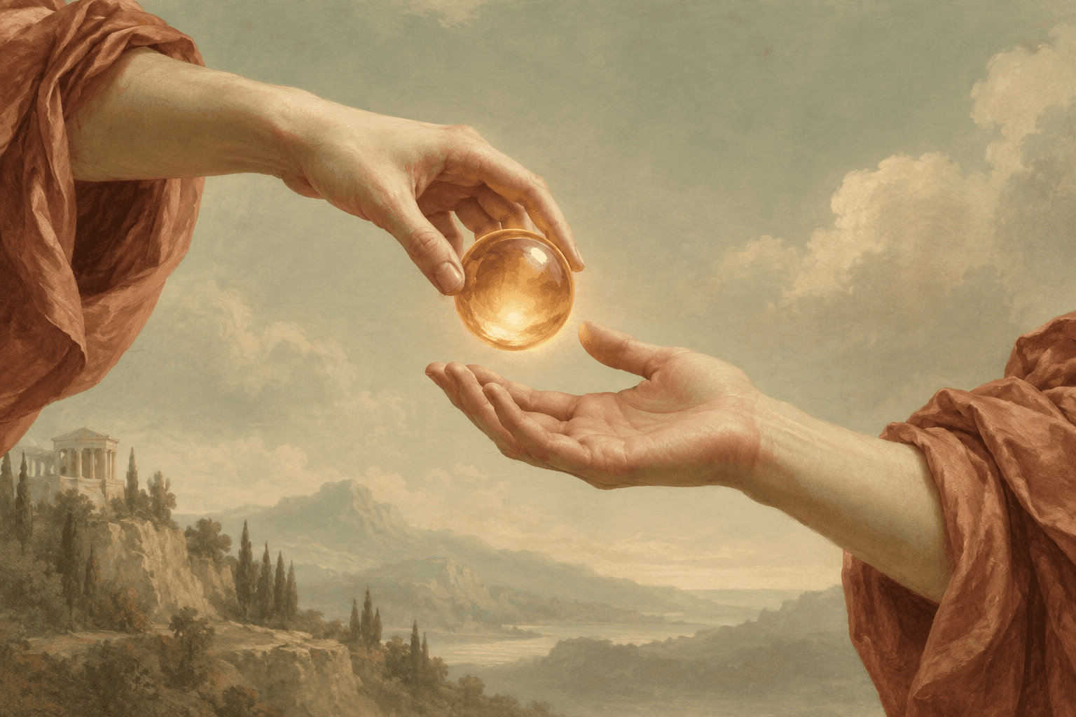 Two classical hands passing an amber sphere against a soft sage sky.