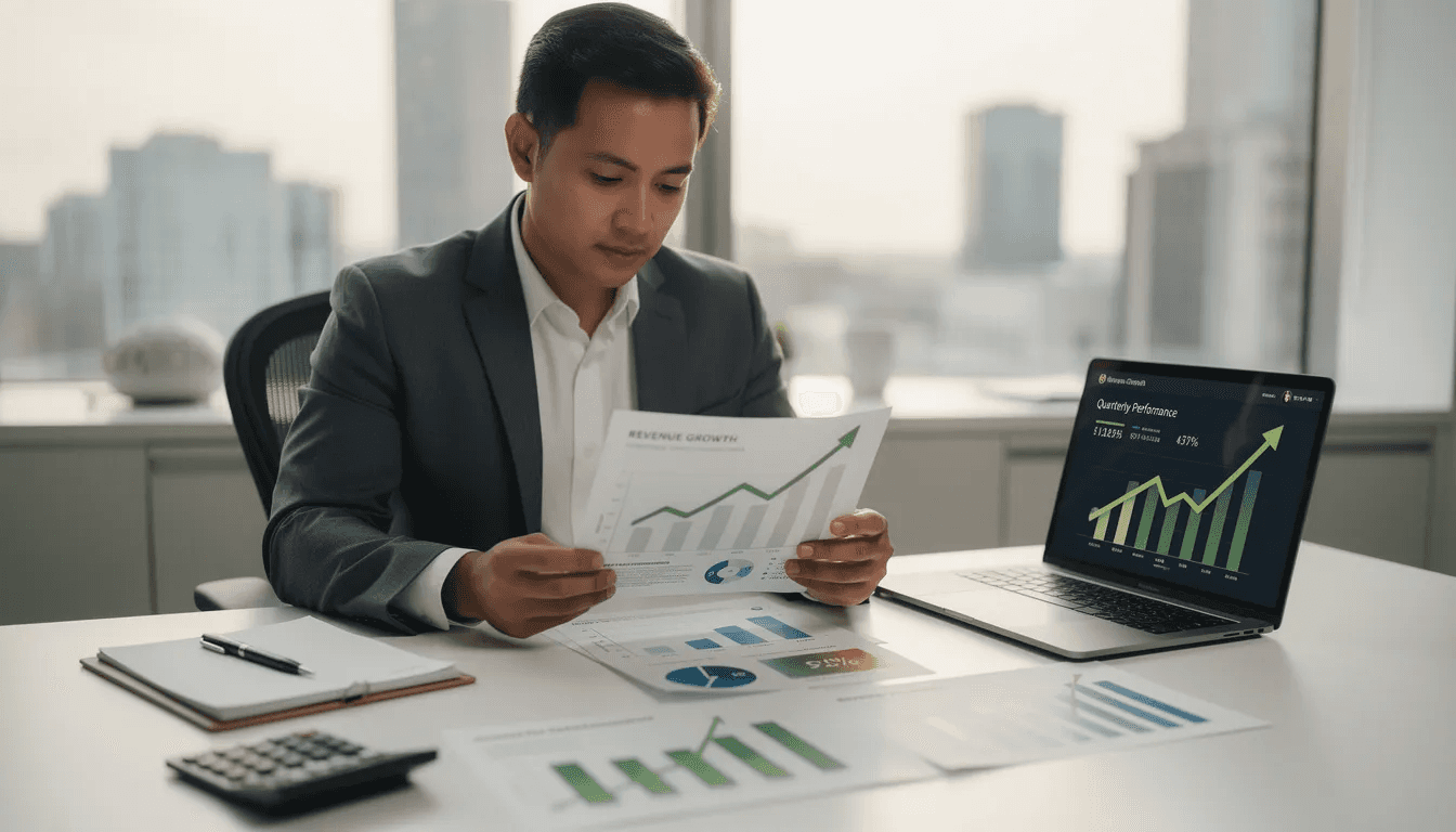 A person is seated at a desk, closely examining financial documents and colorful charts that illustrate growth trends in investments. The scene reflects a focus on personal finance, with an emphasis on strategies to build wealth through methods like stock market investments, mutual funds, and real estate investments.