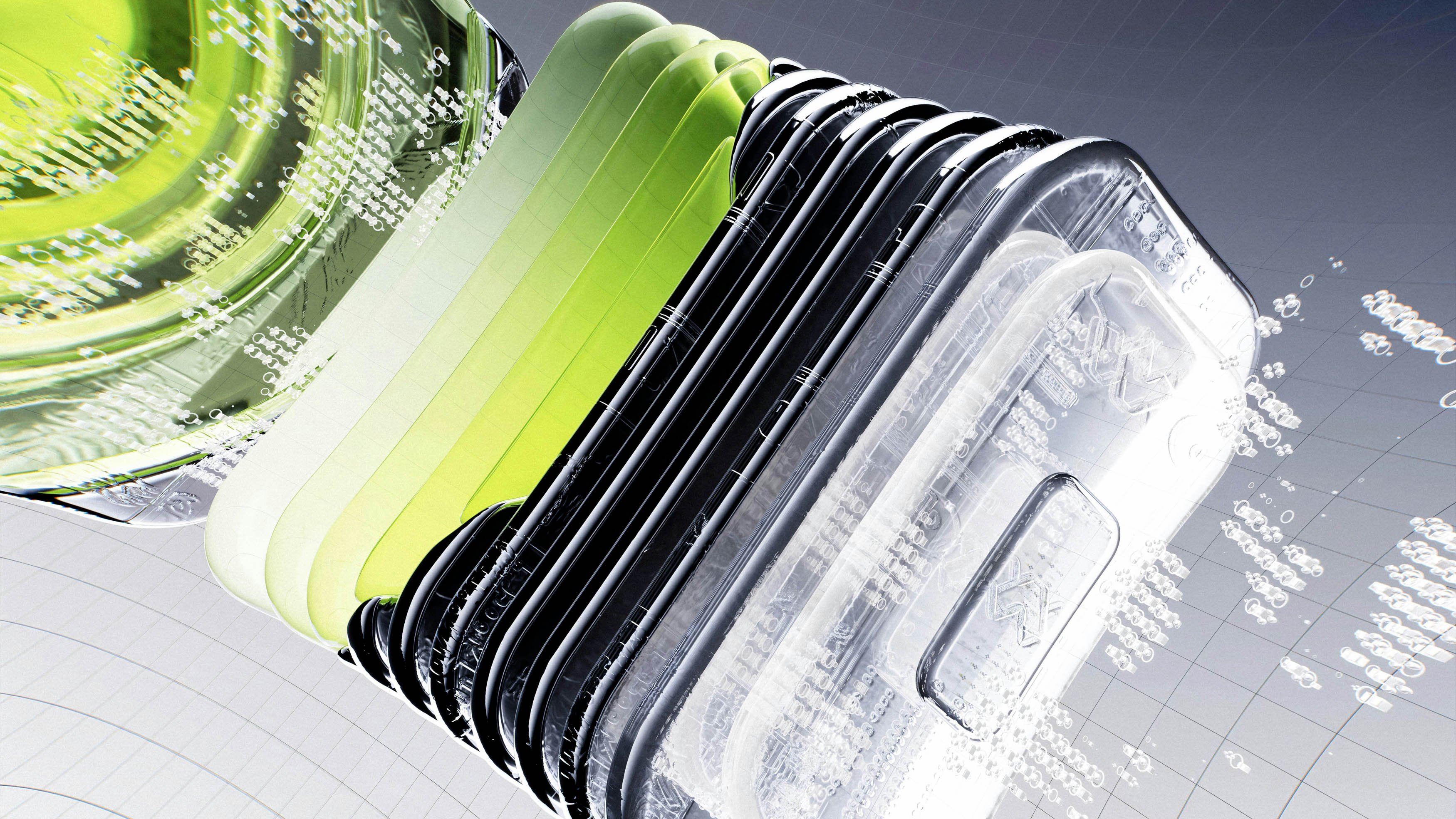 Translucent 3D layers fading from green glass to chrome to clear, text particles dissolving through them — AEO vs GEO visualised