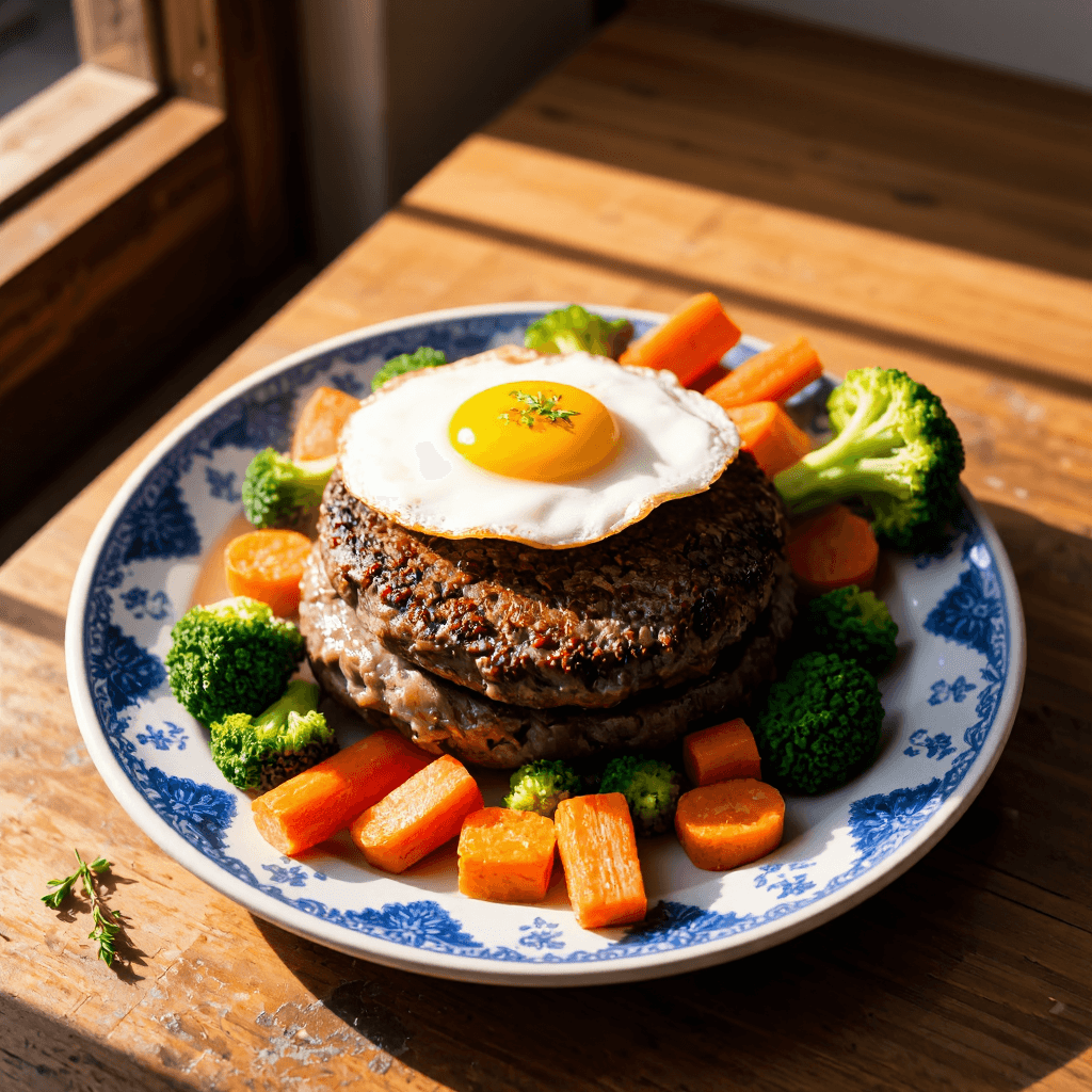 product photography of a plate of hamburger steak with a fried egg and vegetables