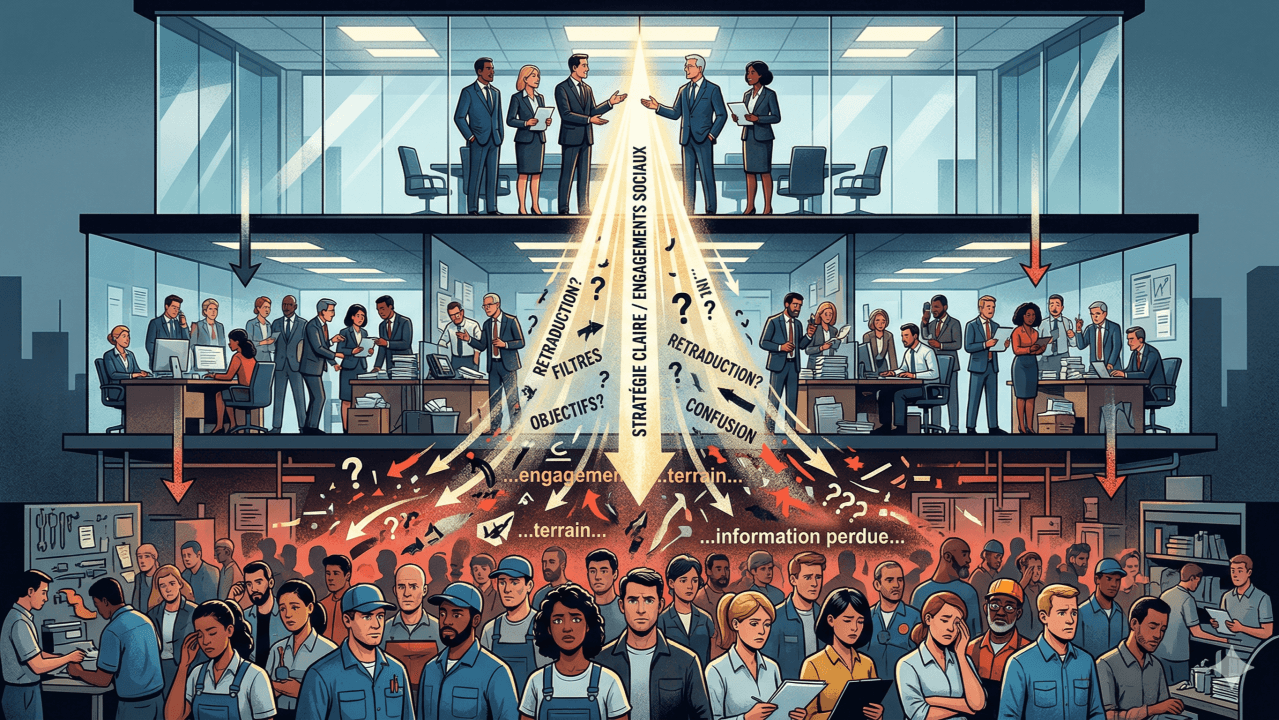 Illustration en entonnoir montrant une décision de direction se diluant à travers les étages jusqu'au terrain