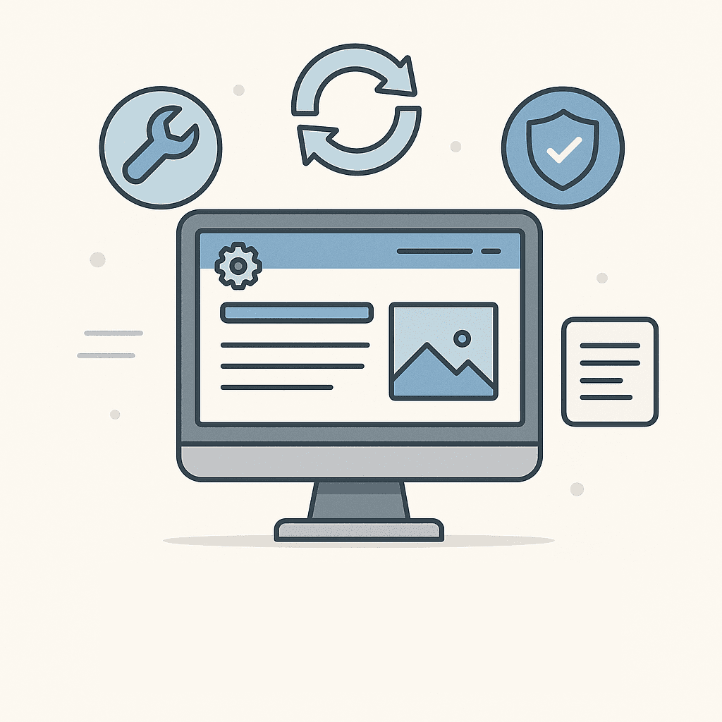 Cartoon of computer with images around indicating website management