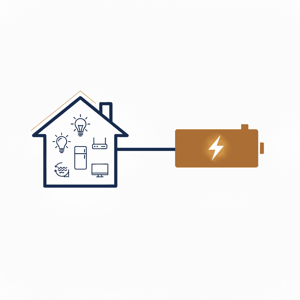Schéma qui illustre la durée de vie d'une batterie solaire qui alimente en électricité une maison grâce à l'énergie produite par des panneaux solaires