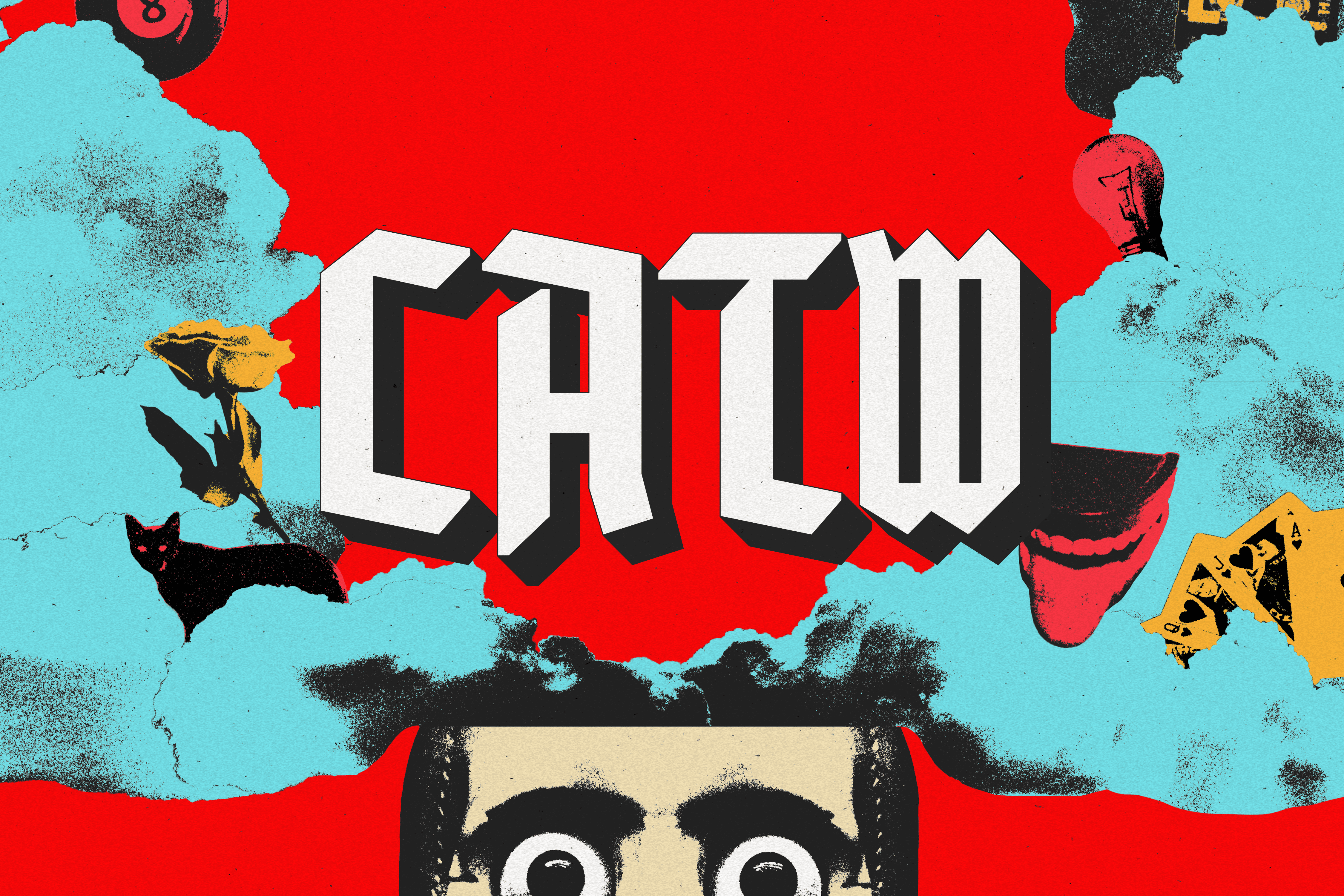 Festival Branding Image: Skull with eyes that has blue smoke coming out of it and small scale objects (cat, flower, mouth toy, cards), and the text CATW