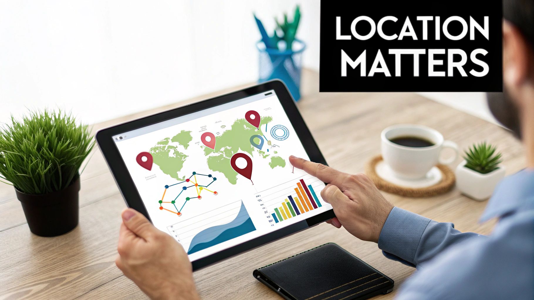 A person holds a tablet displaying a world map with location pins and various data charts, with 'LOCATION MATTERS' text.